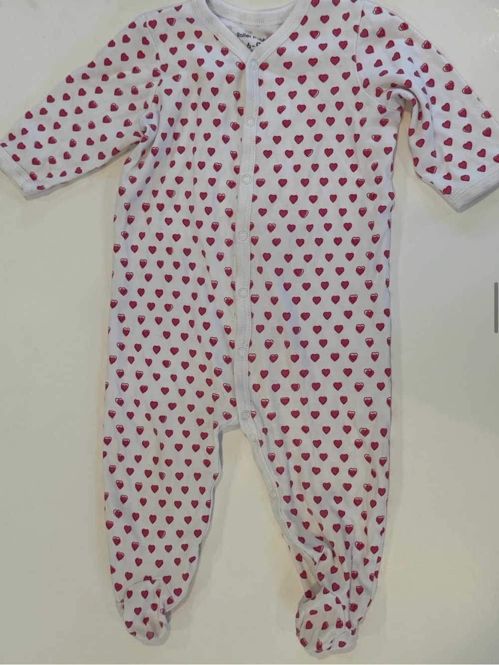 Baby Heart-Print Footed One-Piece in White and Pink